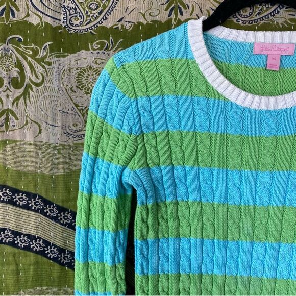 Y2K Lilly Pulitzer Blue/ Green Logo Striped Cable Knit Sweater Size Extra Small - Picture 3 of 16